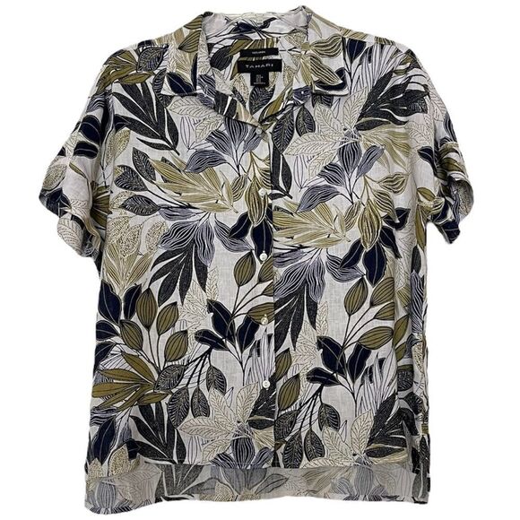 Tahari Linen Shirt Aloha Botanical Print Green Blue Leaves Short Sleeve Small - Picture 1 of 9